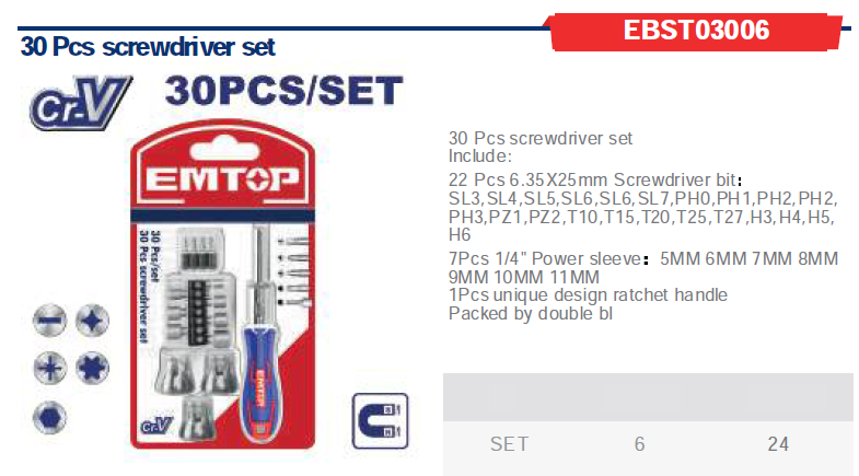 Emtop EBST03006 30 Pcs Ratchet Handle Screwdriver Set