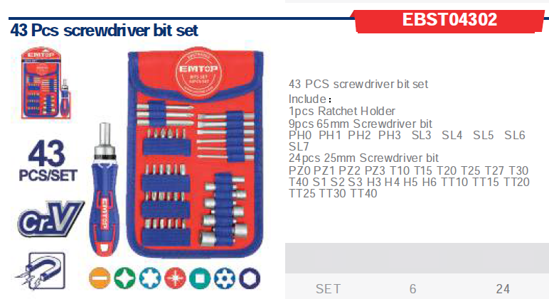 Emtop EBST04302 43 Pcs Screwdriver Bit Set
