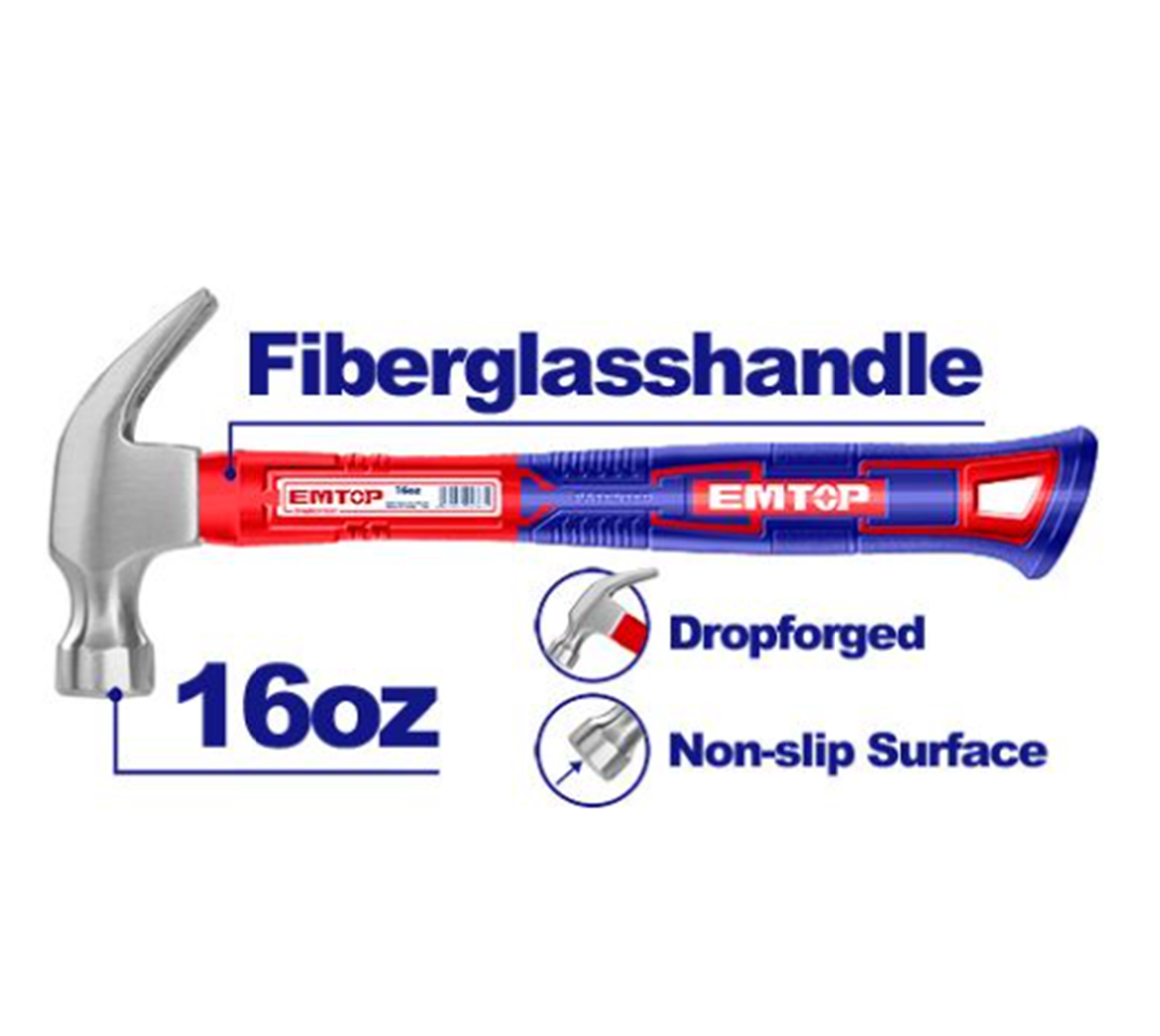 Emtop Fiberglass Handle Claw Hammer 16oz (450g)